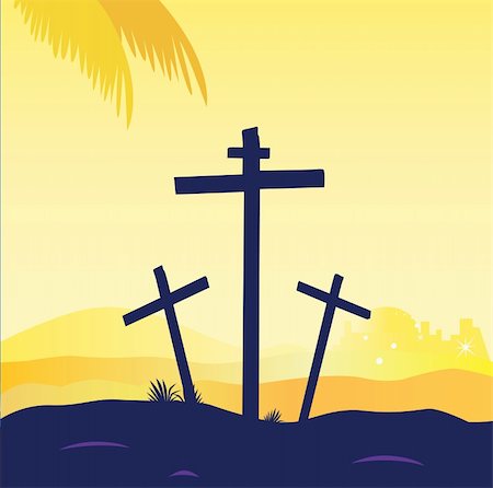 Calvary sunset scene with crosses. Jesus crucifixion. Vector Illustration. Stock Photo - Budget Royalty-Free & Subscription, Code: 400-04171975