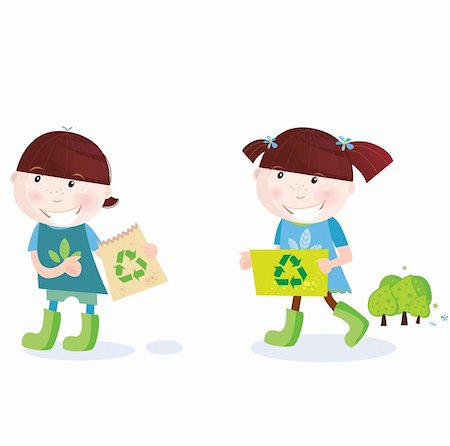 school girl environment - Recycle and save trees! Vector Illustration of school girl and boy with recycle signs. Photographie de stock - Aubaine LD & Abonnement, Code: 400-04172026