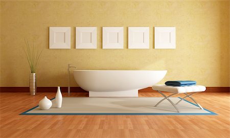 simsearch:6102-08726973,k - Modern bathtub in front a yellow stucco wall Fotografie stock - Microstock e Abbonamento, Codice: 400-04172027