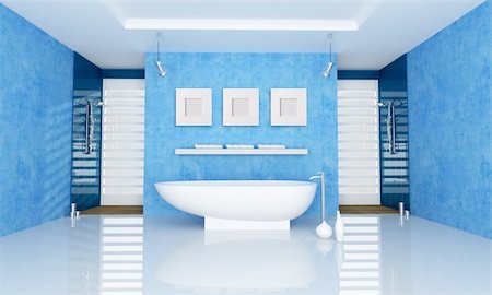 simsearch:6102-08726973,k - blue bathroom with fahion bathtub and double shower - rendering Fotografie stock - Microstock e Abbonamento, Codice: 400-04172033