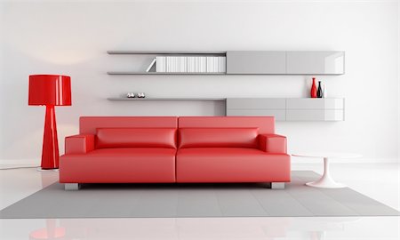 minimalist interior with red leather sofa fashion floor lamp - rendering Stock Photo - Budget Royalty-Free & Subscription, Code: 400-04172074