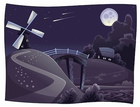Countryside with windmill in the night. Vector and cartoon landscape. Objects isolated. Photographie de stock - Aubaine LD & Abonnement, Code: 400-04172097
