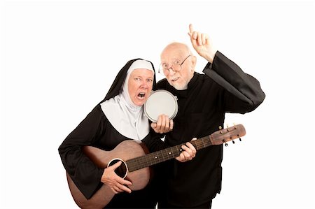 elderly person singing - Angry musical priest and nun on white background Stock Photo - Budget Royalty-Free & Subscription, Code: 400-04172738