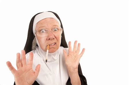 Funny nun with hands up caught smoking a cigrarette Stock Photo - Budget Royalty-Free & Subscription, Code: 400-04172741