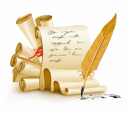 paper scripts with handwriting text and old ink feather vector illustration, isolated on white background. Gradient mesh used for shadow drawing. Foto de stock - Super Valor sin royalties y Suscripción, Código: 400-04172787