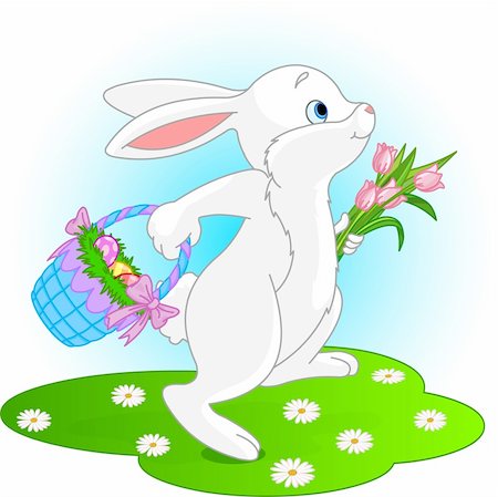 rabbit run - Illustration of running Easter Bunny with a basket full of eggs and bouquet of flowers Stock Photo - Budget Royalty-Free & Subscription, Code: 400-04173086