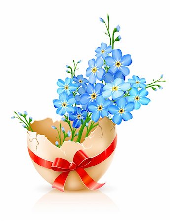 broken egg shell with red bow and forget-me-not flowers vector illustration, isolated on white background Stock Photo - Budget Royalty-Free & Subscription, Code: 400-04173371