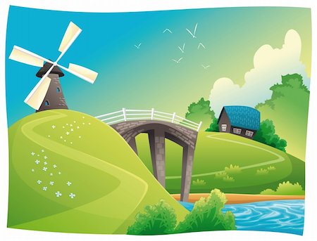 simsearch:400-04332610,k - Countryside with windmill. Vector and cartoon landscape. Objects isolated. Stock Photo - Budget Royalty-Free & Subscription, Code: 400-04173769
