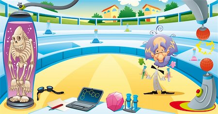 Mad scientist in the laboratory. Funny vector and cartoon illustration. Isolated objects Foto de stock - Super Valor sin royalties y Suscripción, Código: 400-04173910