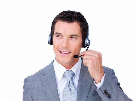 simsearch:400-04119293,k - Charming caucasian businessman using headset against a white background Fotografie stock - Microstock e Abbonamento, Codice: 400-04184010