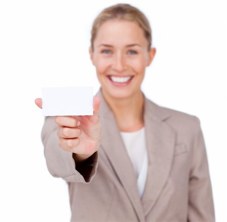 simsearch:400-04648812,k - Confident businesswoman holding a white card against a white background Stock Photo - Budget Royalty-Free & Subscription, Code: 400-04184268