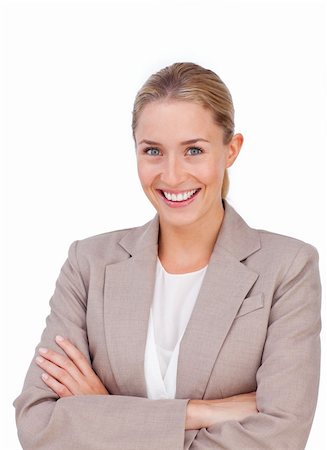 simsearch:400-07246047,k - Charismatic blond businesswoman with folded arms isolated on a white backgound Foto de stock - Super Valor sin royalties y Suscripción, Código: 400-04184263