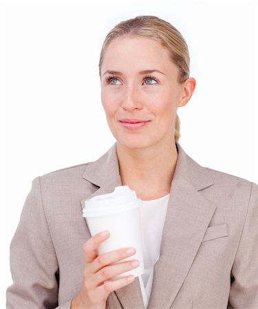 simsearch:400-04188263,k - Attractive businesswoman drinking a coffee isolated on a white background Foto de stock - Super Valor sin royalties y Suscripción, Código: 400-04184278