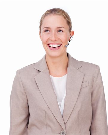 simsearch:400-03912315,k - Portrait of a sparkling businesswoman with headset on against a white background Photographie de stock - Aubaine LD & Abonnement, Code: 400-04184306