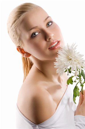 simsearch:400-06096871,k - beauty portrait of young cute blond girl with white top and some flowers near face Stock Photo - Budget Royalty-Free & Subscription, Code: 400-04184517