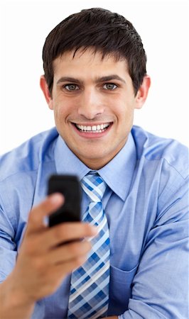 simsearch:400-04782151,k - Attractive businessman sending a message isolated on a white background Photographie de stock - Aubaine LD & Abonnement, Code: 400-04184811