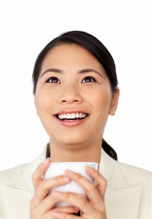 simsearch:400-04188263,k - Happy businesswoman drinking coffee isolated on a white background Foto de stock - Super Valor sin royalties y Suscripción, Código: 400-04184856