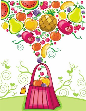 simsearch:400-04962399,k - Colorful vector illustration of shopping bag with fruit splash. Stockbilder - Microstock & Abonnement, Bildnummer: 400-04185053