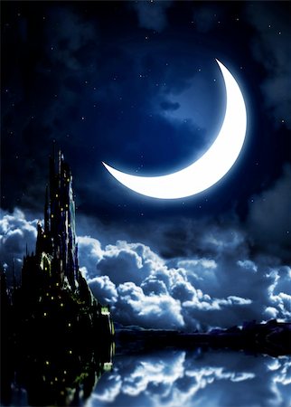 dark moon with clouds - Night fairy-tale. Fantasy landscape with castle Photographie de stock - Aubaine LD & Abonnement, Code: 400-04185159