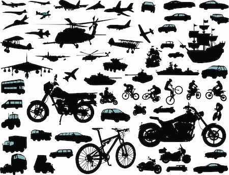 Set of transportation silhouettes: cars, planes, bikes, ships Stock Photo - Budget Royalty-Free & Subscription, Code: 400-04185168
