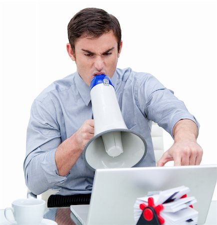 simsearch:400-04126489,k - Portrait of a businessman shouting through a megaphone against white Stock Photo - Budget Royalty-Free & Subscription, Code: 400-04185910