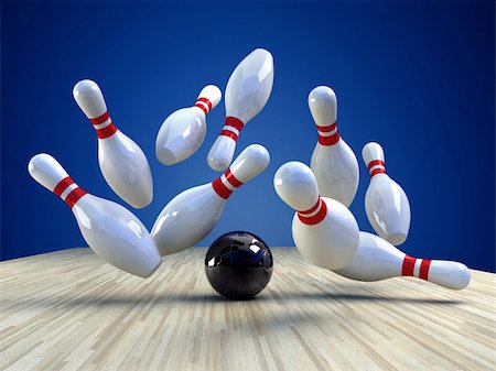 Bowling Game. A bowling ball is knocking the pins down over blue background , a 3d image Stock Photo - Budget Royalty-Free & Subscription, Code: 400-04186059