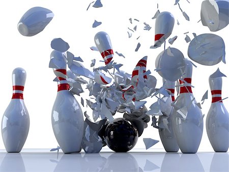 Bowling pins destroyed by ball. 3D render of a bowling ball shattering bowling pins Stock Photo - Budget Royalty-Free & Subscription, Code: 400-04186061