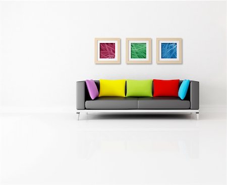 red cushion on a sofa - minimalist living room with colored couch and abstract picture - the images on wall are my composition Stock Photo - Budget Royalty-Free & Subscription, Code: 400-04186097