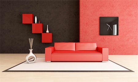 red and black living room with leather couch on carpet - rendering Stock Photo - Budget Royalty-Free & Subscription, Code: 400-04186098