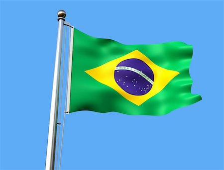 flagstaff - flag of brazil on blue background with visible fabric texture - rendering Stockbilder - Microstock & Abonnement, Bildnummer: 400-04186091