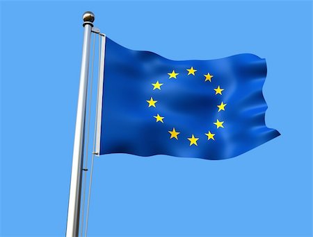 flagstaff - european union flag on blue background with visible fabric texture - rendering Stockbilder - Microstock & Abonnement, Bildnummer: 400-04186101