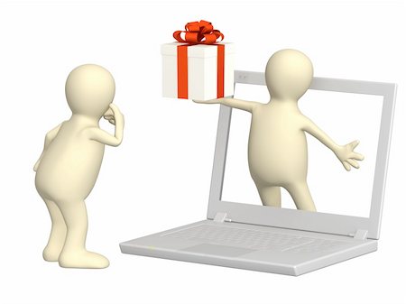 simsearch:400-04367503,k - Virtual gift. 3d puppet with gift and laptop Stock Photo - Budget Royalty-Free & Subscription, Code: 400-04186114