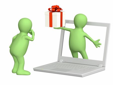 simsearch:400-04367503,k - Virtual gift. 3d puppet with gift and laptop Stock Photo - Budget Royalty-Free & Subscription, Code: 400-04186113
