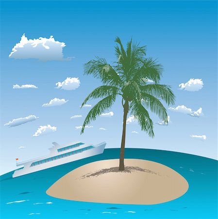simsearch:400-06557675,k - Tropical island with one palm and ship in the sea. Foto de stock - Super Valor sin royalties y Suscripción, Código: 400-04186764
