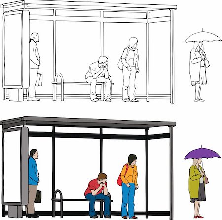 people at the bus stop shelter - Vector sketch of bus stop with blank billboard and people waiting Stock Photo - Budget Royalty-Free & Subscription, Code: 400-04186760