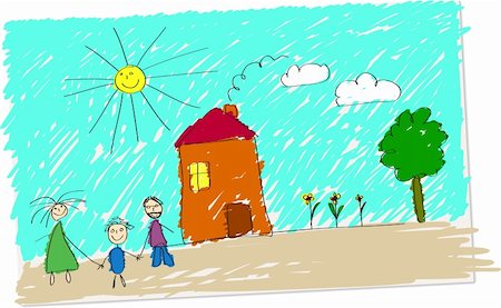 Vector illustration of childlike drawing of happy family in front of their home. Stock Photo - Budget Royalty-Free & Subscription, Code: 400-04186762