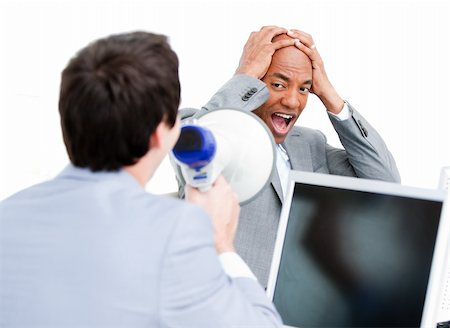 simsearch:400-04126489,k - Caucasian businessman yelling through a megaphone in the office Stock Photo - Budget Royalty-Free & Subscription, Code: 400-04186956
