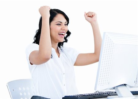simsearch:400-04187842,k - Positive businesswoman punching the air in front of her computer in the office Stock Photo - Budget Royalty-Free & Subscription, Code: 400-04187011