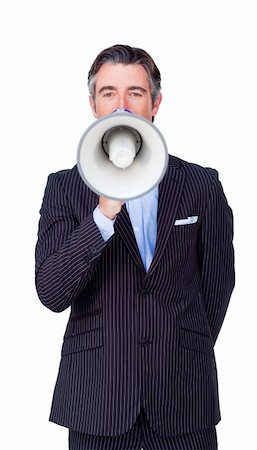 simsearch:400-04126489,k - Confident businessman rowing through a megaphone against a white background Stock Photo - Budget Royalty-Free & Subscription, Code: 400-04187139