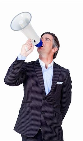 simsearch:400-04126489,k - Businessman giving orders through a megaphone against a white background Stock Photo - Budget Royalty-Free & Subscription, Code: 400-04187140