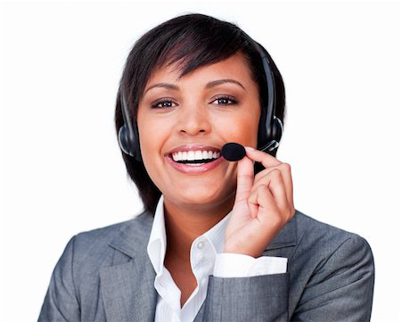 simsearch:400-03912315,k - Close-up of a happy customer service agent with headset on isolated on a white background Photographie de stock - Aubaine LD & Abonnement, Code: 400-04187285