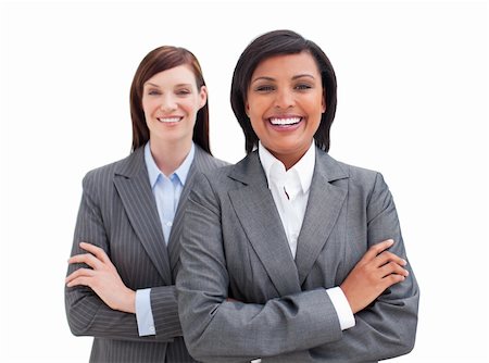 simsearch:400-04187328,k - Close-up of two business women against a white background Foto de stock - Royalty-Free Super Valor e Assinatura, Número: 400-04187321