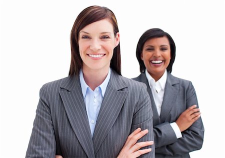 simsearch:400-04187328,k - Two attractive business women against a white background Foto de stock - Royalty-Free Super Valor e Assinatura, Número: 400-04187322