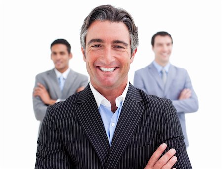 simsearch:400-04187328,k - Enthusiastic businessman posing in front of his team against a white background Foto de stock - Royalty-Free Super Valor e Assinatura, Número: 400-04187338