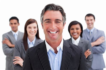 simsearch:400-04112740,k - Smiling business team showing the diversity against a white background Foto de stock - Super Valor sin royalties y Suscripción, Código: 400-04187340