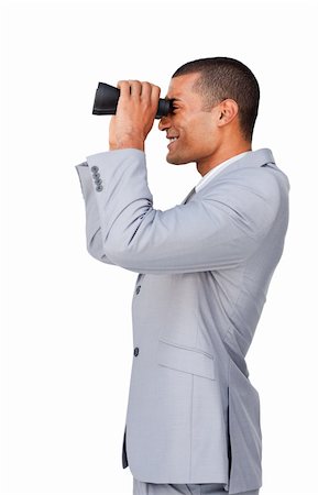 simsearch:400-04631810,k - Smiling Attractive businessman looking through binoculars isolated on a white background Stock Photo - Budget Royalty-Free & Subscription, Code: 400-04187430