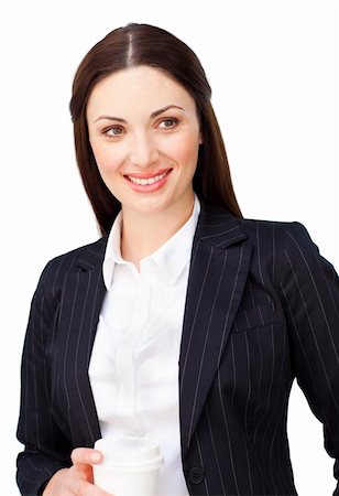 simsearch:400-04188263,k - Smiling businesswoman with a drinking cup isolated on a white background Foto de stock - Super Valor sin royalties y Suscripción, Código: 400-04187456