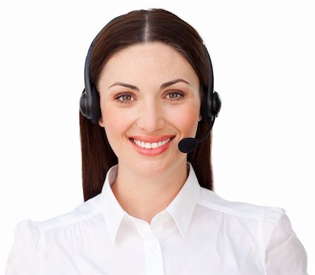 simsearch:400-04119293,k - Young customer service agent with headset on against a white background Fotografie stock - Microstock e Abbonamento, Codice: 400-04187471
