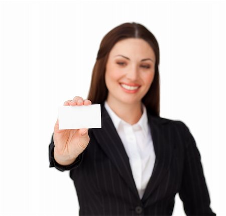 simsearch:400-04648812,k - Confident businesswoman holding a white card against a white background Stock Photo - Budget Royalty-Free & Subscription, Code: 400-04187489