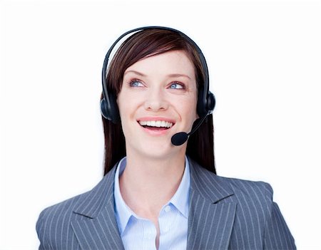 simsearch:400-04801703,k - Laughing businesswoman with headset on against a white background Foto de stock - Super Valor sin royalties y Suscripción, Código: 400-04187526
